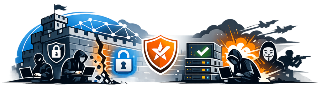 Cybersecurity introduction illustration showing fortress, hackers, and CIA model symbols