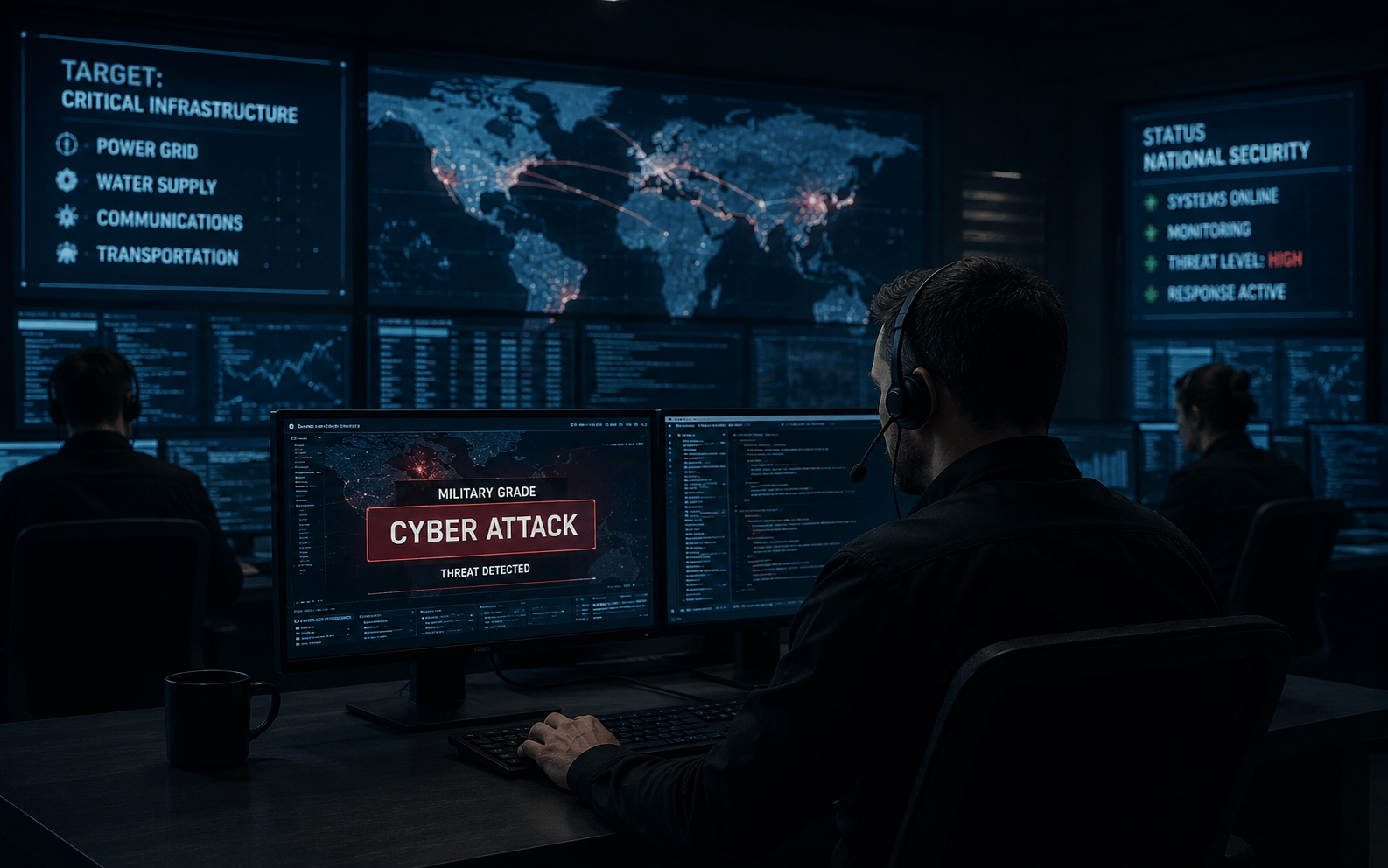 Cyberwarfare concept with digital globe and network connections