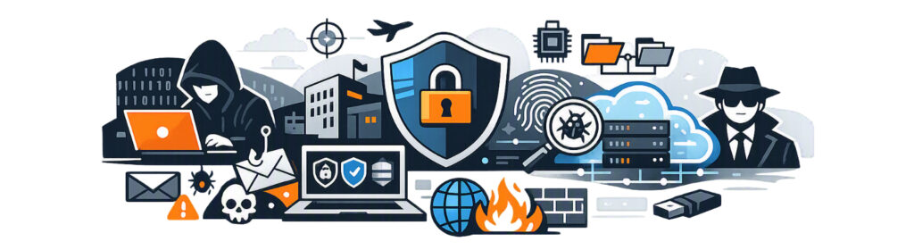 Minimalist comic‑style cybersecurity illustration with shield, hacker, lock, and digital network elements.